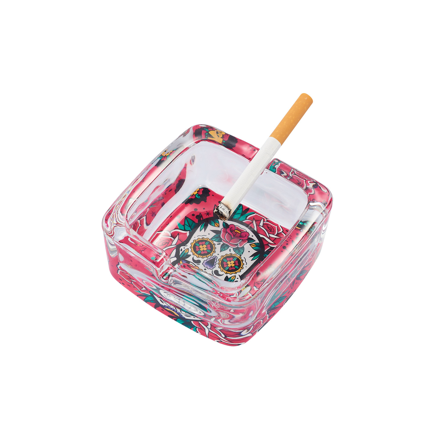 CH GLASS ASHTRAY COLORFUL SKULL