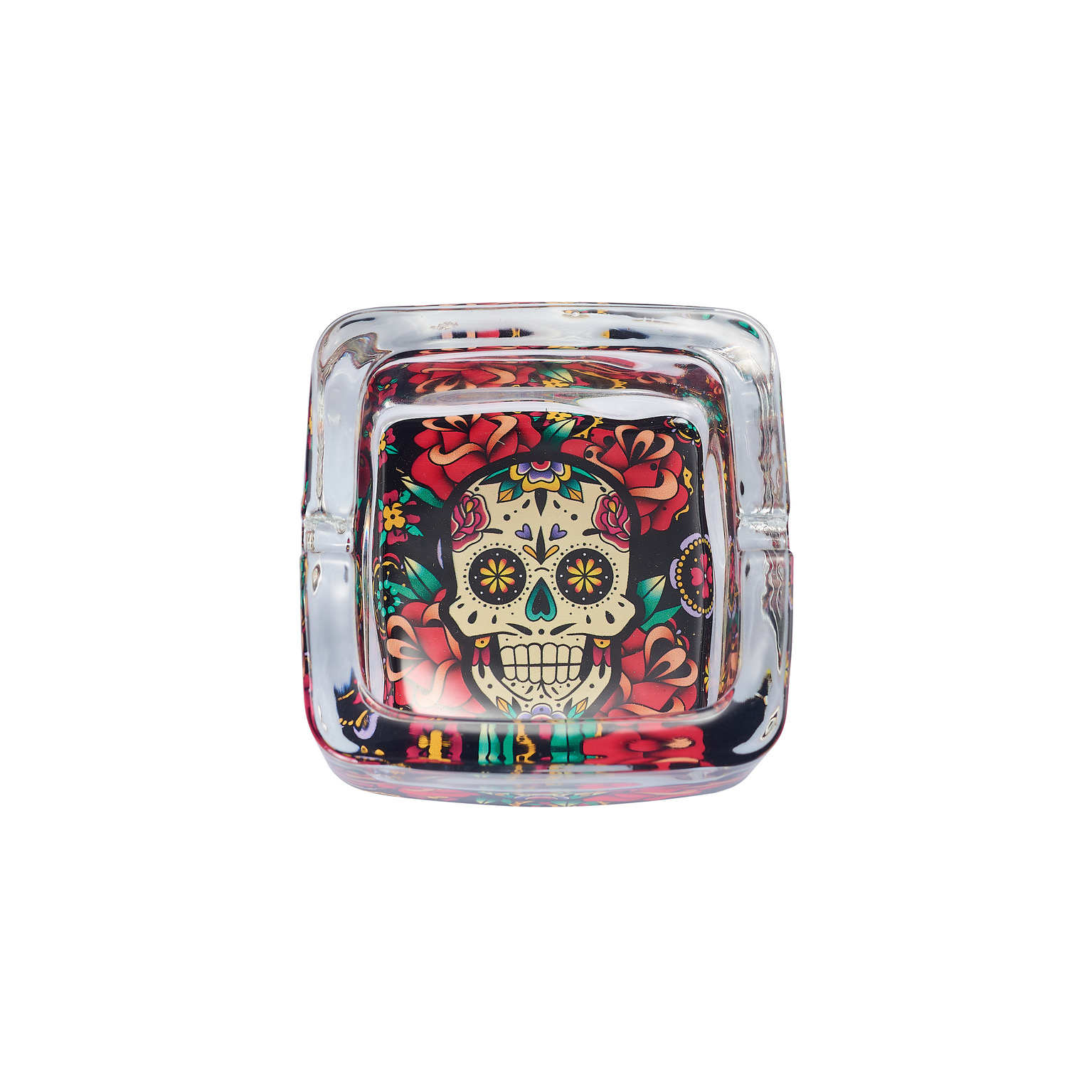 CH GLASS ASHTRAY COLORFUL SKULL