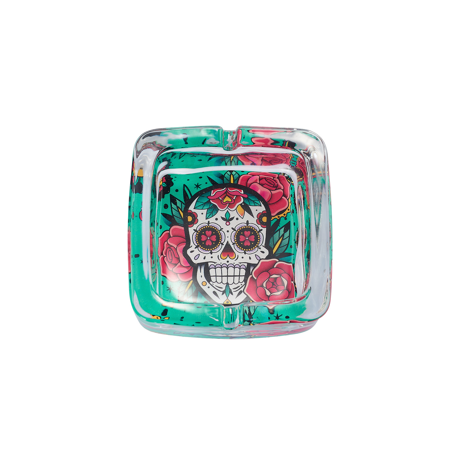 CH GLASS ASHTRAY COLORFUL SKULL
